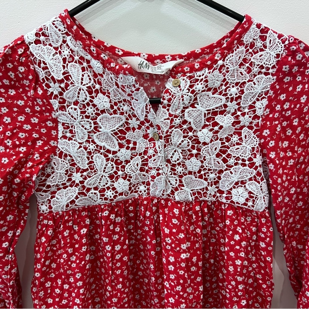 H&M Girls Red Floral Lace Dress Size 7/8 Boho Cottagecore Long Sleeve - Picture 3 of 8